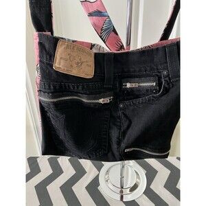 Upcycled True Religion Black denim crossbody bag, with bird, floral pink print